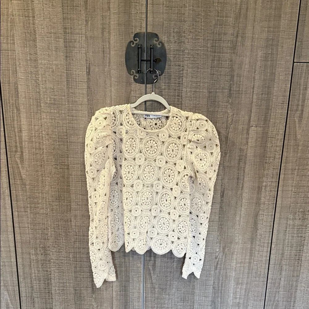 Zara Crochet Knit Puff Sleeve Scalloped Sweater Blouse